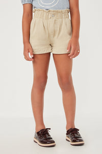 GY6150 BEIGE Girls Washed Contrast Stitch Colored Denim Paperbag Shorts Front