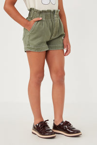 GY6150 OLIVE Girls Washed Contrast Stitch Colored Denim Paperbag Shorts Side