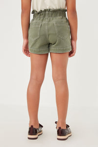 GY6150 OLIVE Girls Washed Contrast Stitch Colored Denim Paperbag Shorts Back