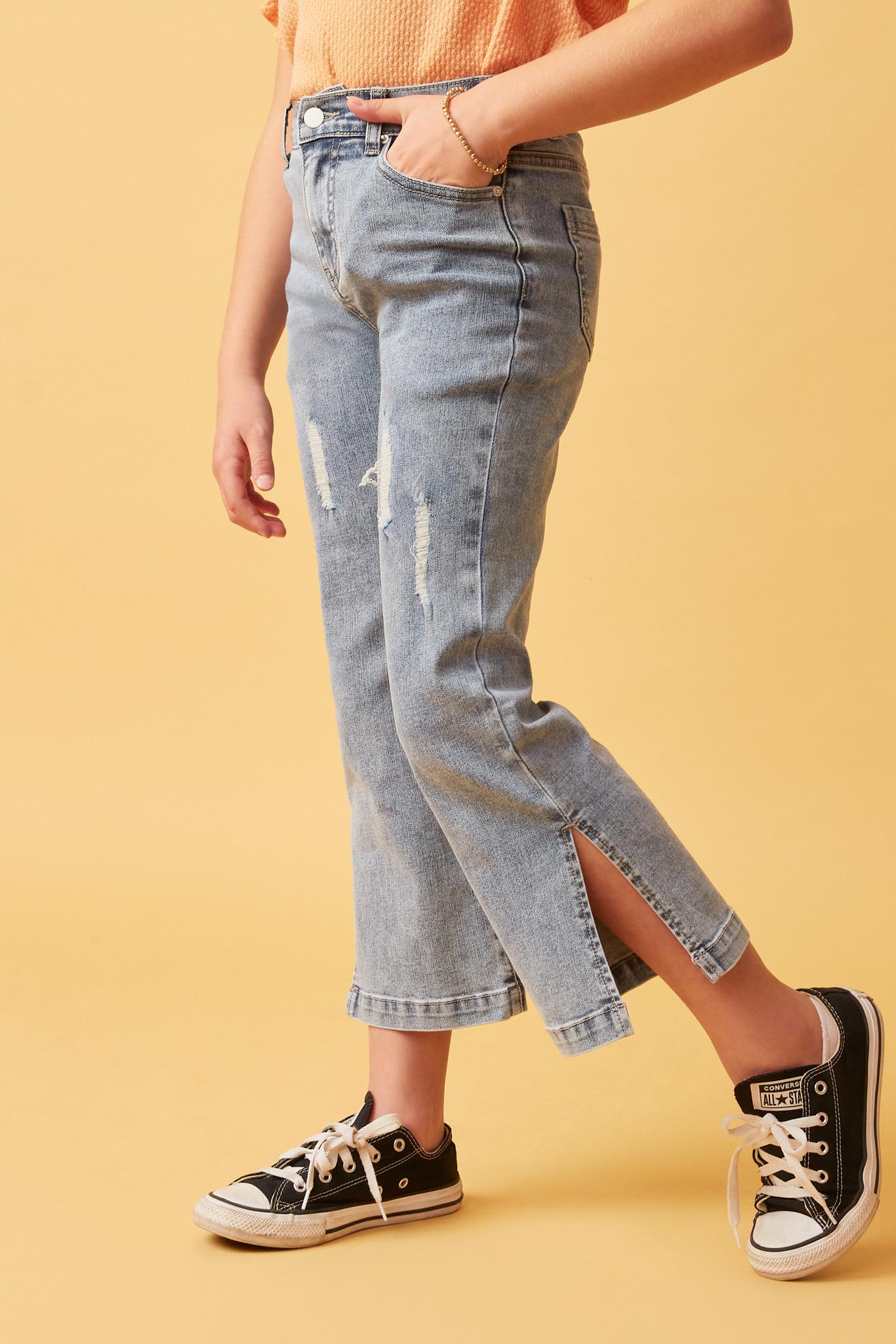 Side Slit Distressed Bootcut Stretch Denim