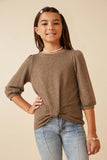 GY6158 Olive Girls Ribbed Knit 3/4 Sleeve Twist Front Top Front