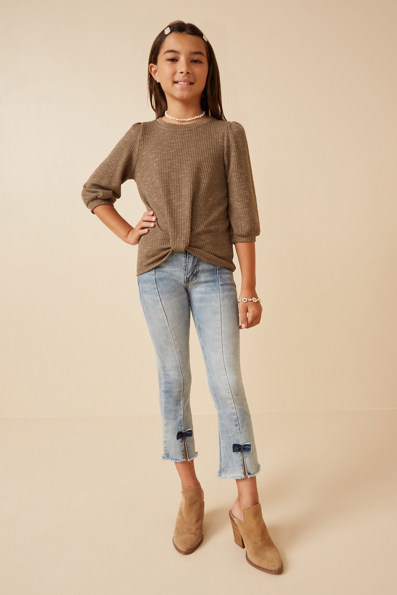 Ribbed Knit 3/4 Sleeve Twist Front Top