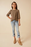 GY6158 Olive Girls Ribbed Knit 3/4 Sleeve Twist Front Top Full Body
