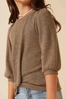 GY6158 Olive Girls Ribbed Knit 3/4 Sleeve Twist Front Top Detail