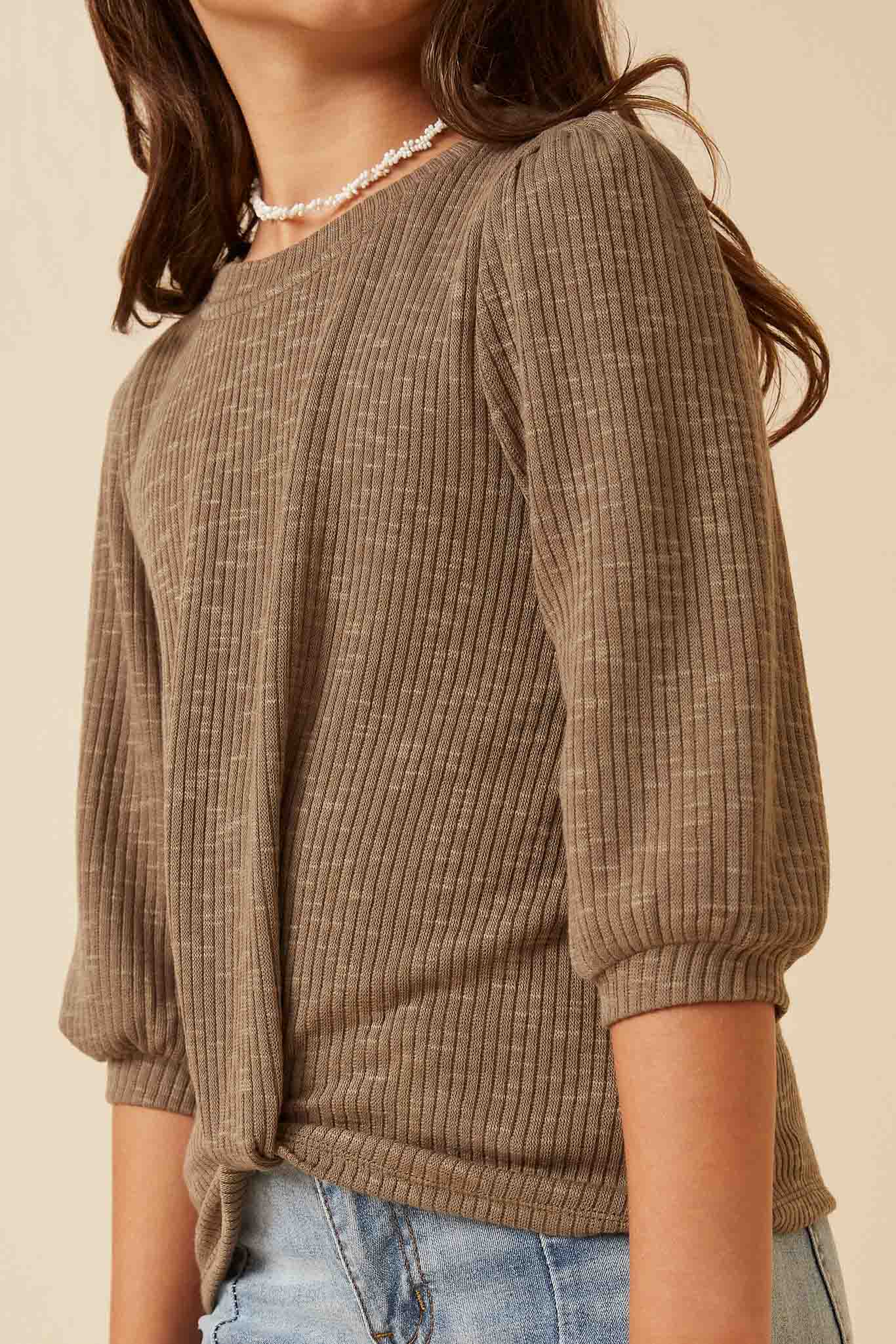 GY6158 Olive Girls Ribbed Knit 3/4 Sleeve Twist Front Top Detail