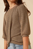 GY6158 Olive Girls Ribbed Knit 3/4 Sleeve Twist Front Top Detail