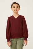 GY6159 Burgundy Girls Marled V Neck Smocked Cuff Ribbed Knit Top Front