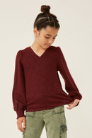 GY6159 Burgundy Girls Marled V Neck Smocked Cuff Ribbed Knit Top Alternate Angle