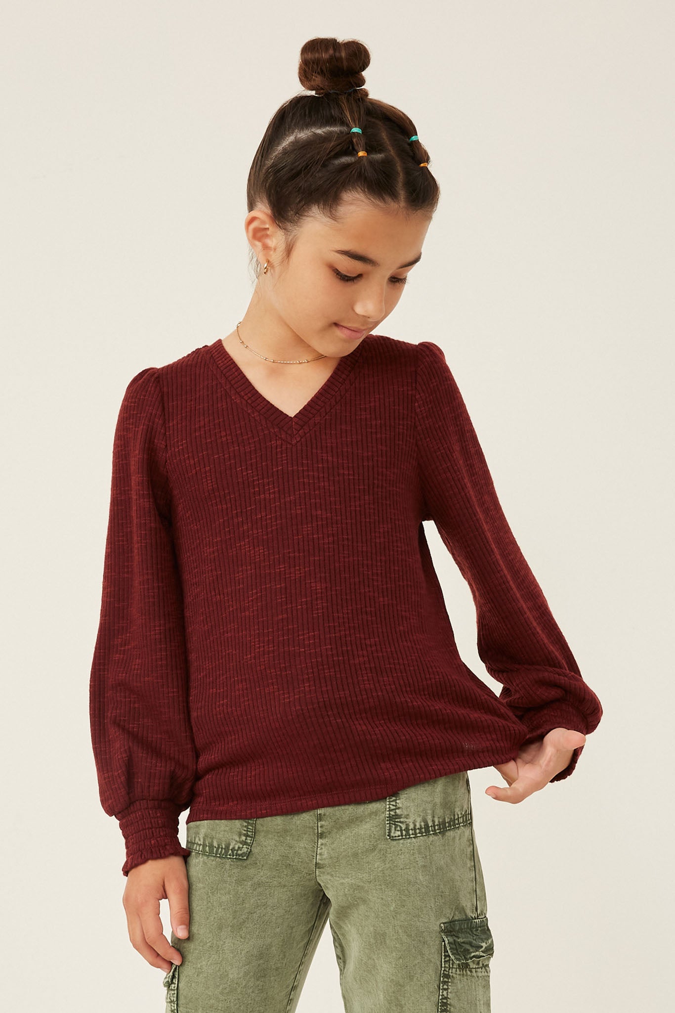 GY6159 Burgundy Girls Marled V Neck Smocked Cuff Ribbed Knit Top Alternate Angle