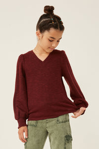 GY6159 Burgundy Girls Marled V Neck Smocked Cuff Ribbed Knit Top Alternate Angle