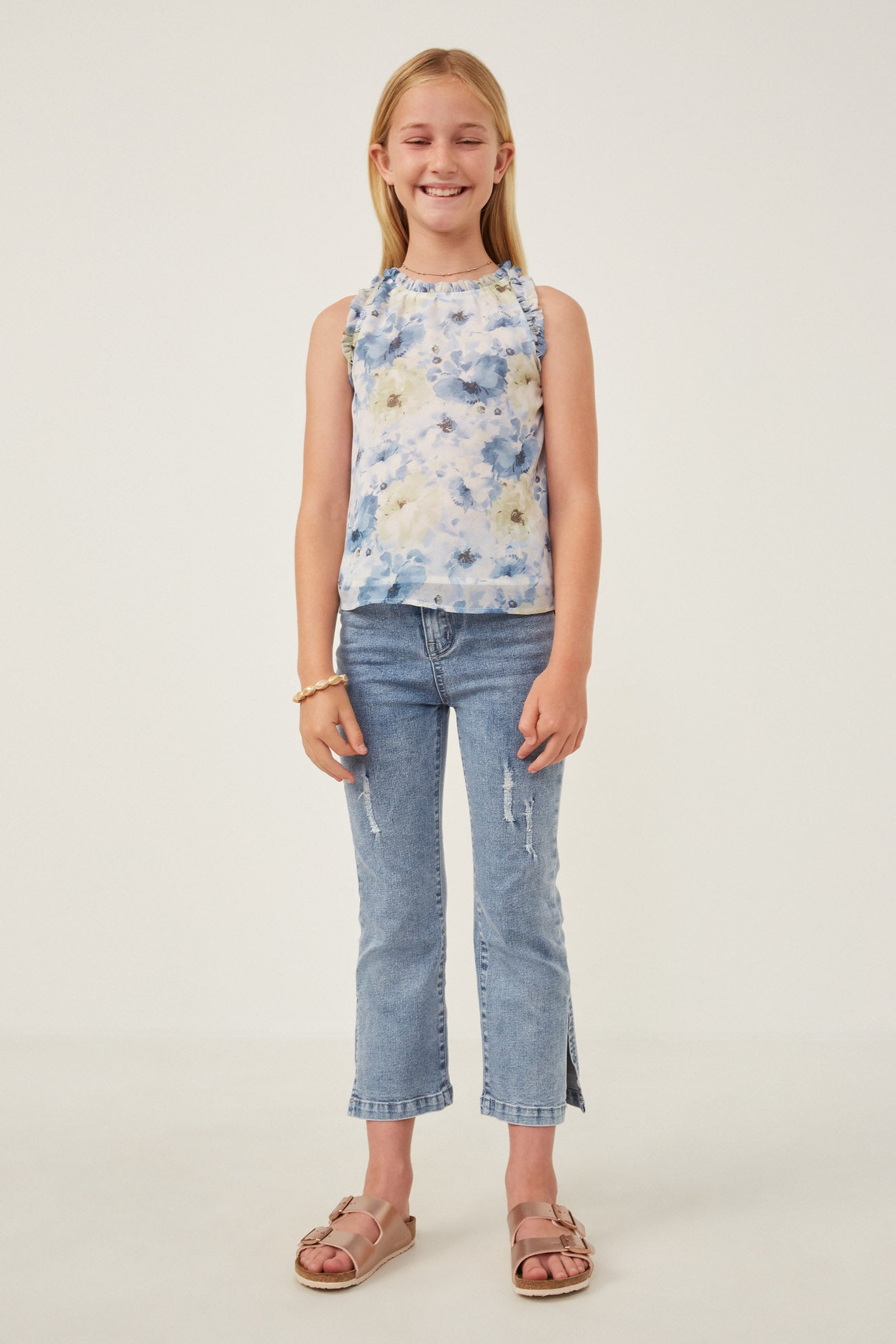 Ruffle Trimmed Floral Chiffon Tank