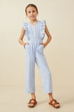 GY6174 Blue Girls Checkered Embroidered Ruffle Sleeveless Jumpsuit Full Body