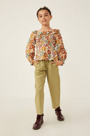 GY6213 Mustard Mix Girls Ruffled Shoulder Smocked Romantic Floral Top Full Body