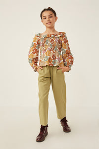 GY6213 Mustard Mix Girls Ruffled Shoulder Smocked Romantic Floral Top Full Body