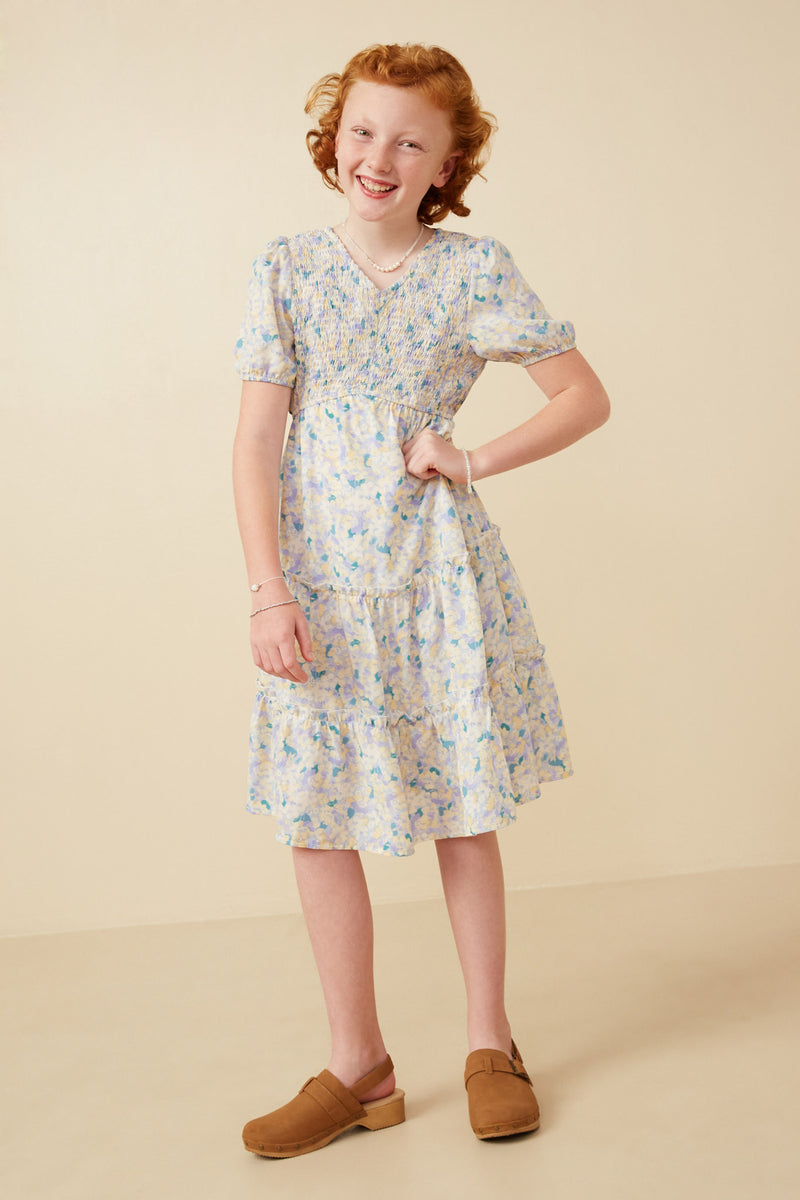 Girls Soft Floral V Neck Smocked Dress Full Body