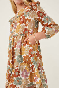 GY6216 Mustard Mix Girls Mixed Floral Print Ruffle Shoulder Dress Side