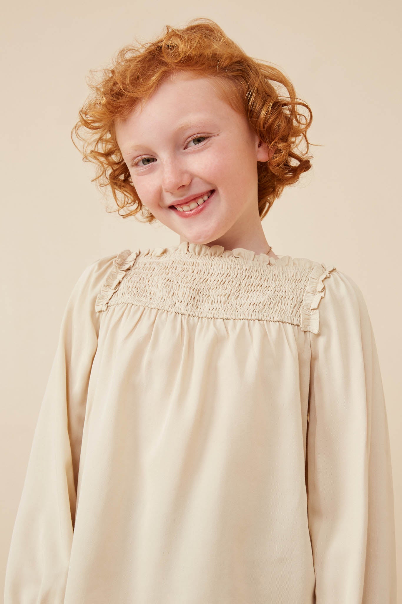 Ruffle Lined Smocked Yolk Long Sleeve Top