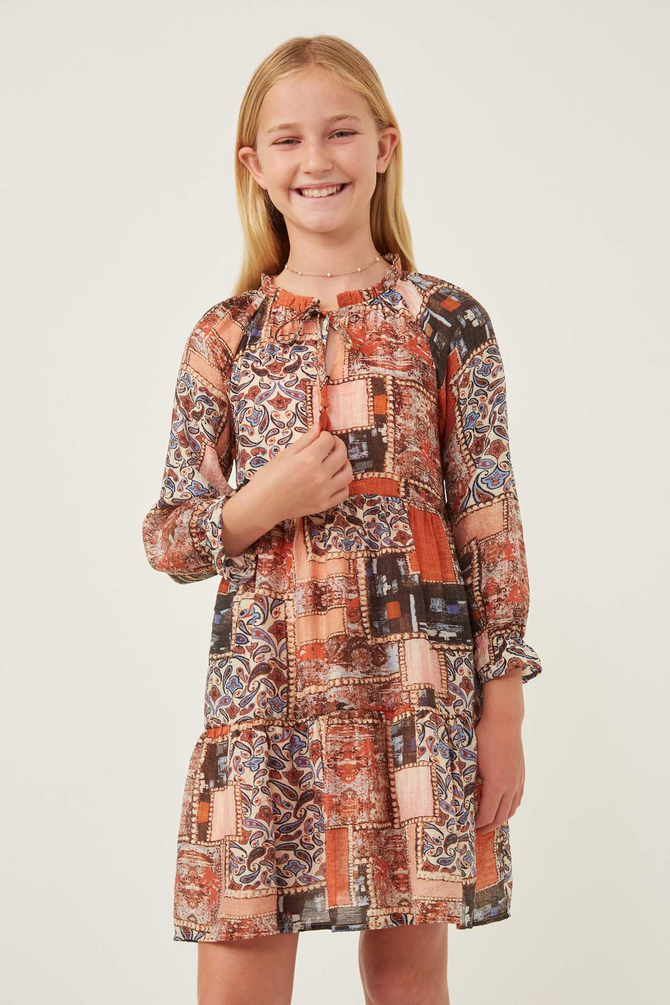 Paisley Patch Print Ruffle Neck Chiffon Dress