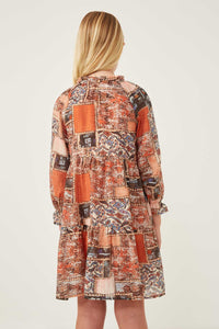 GY6220 Brown Girls Paisley Patch Print Ruffle Neck Chiffon Dress Back