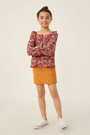 GY6267 Cherry Girls Floral Print Ruffle Shoulder Long Sleeve Textured Top Full Body