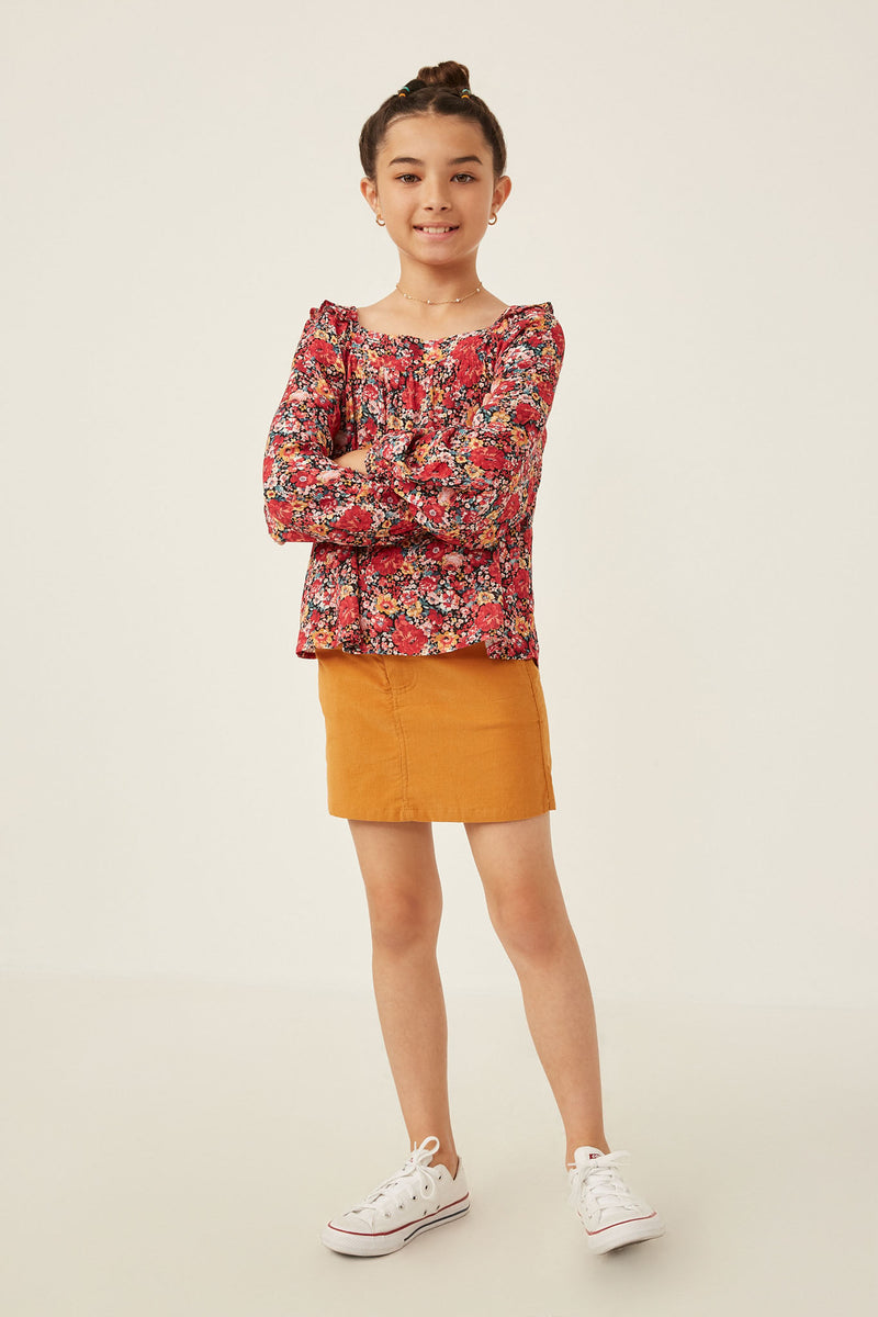 GY6267 Cherry Girls Floral Print Ruffle Shoulder Long Sleeve Textured Top Full Body