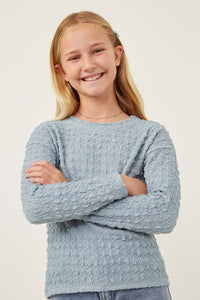 GY6268 Dusty Blue Girls Textured Stretch Long Sleeve Knit T Shirt Front 2
