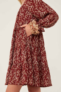 GY6269 BURGUNDY Girls Ditsy Floral Cinched Puff Sleeve Square Neck Dress Side