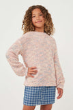 GY6279 Blush Girls Confetti Knit Puff Sleeve Pullover Sweater Front