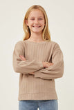 GY6284 Taupe Girls Cable Knit Long Sleeve Top Front