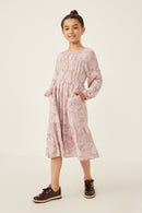GY6285 Mauve Girls Botanical Paisley Smock Detailed Dress Full Body