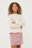 GY6290 Ivory Girls Long Cuff Cable Knit Pullover Top Front