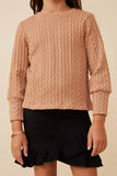 GY6290 Taupe Girls Long Cuff Cable Knit Pullover Top Detail