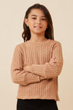GY6290 Taupe Girls Long Cuff Cable Knit Pullover Top Front