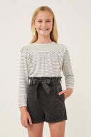 GY6292 Off White Girls Ribbed Stripe Ruffled Long Sleeve Knit Top Front