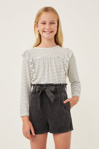 GY6292 Off White Girls Ribbed Stripe Ruffled Long Sleeve Knit Top Front