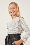 GY6292 Off White Girls Ribbed Stripe Ruffled Long Sleeve Knit Top Side