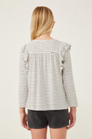 GY6292 Off White Girls Ribbed Stripe Ruffled Long Sleeve Knit Top Back