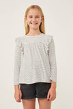 GY6292 Off White Girls Ribbed Stripe Ruffled Long Sleeve Knit Top Front 2