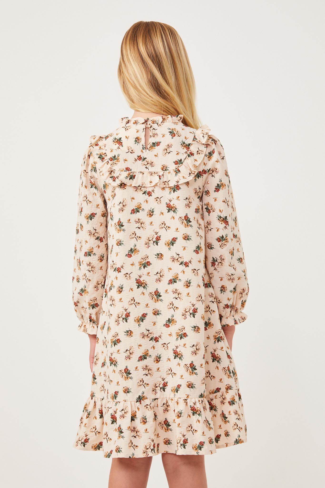 GY6300 Beige Girls Ditsy Print Stripe Textured Ruffle Bibbed Dress Back