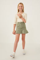 GY6306 Olive Girls Shorts Lined Checked Ruffle Hem Skirt Full Body