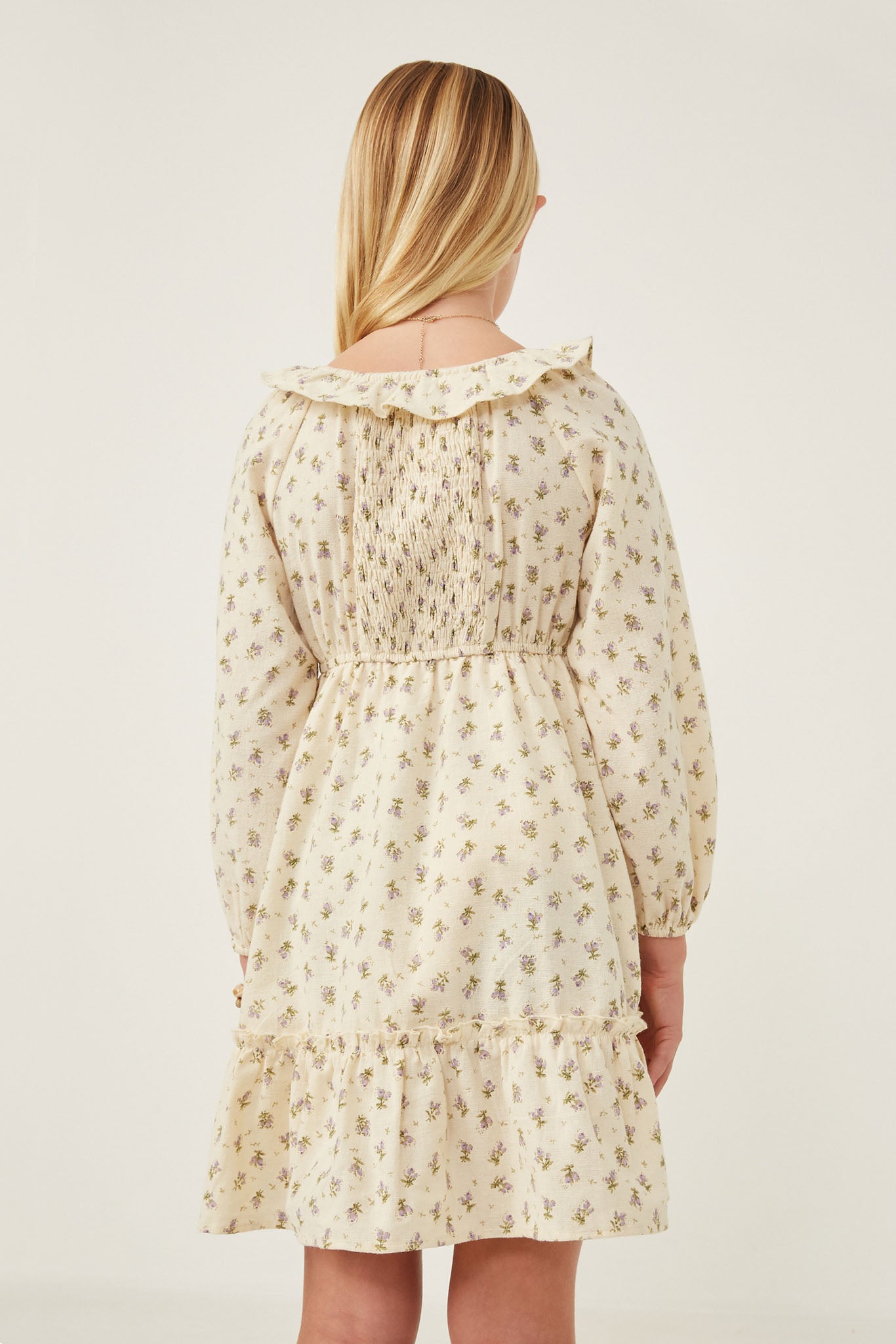 GY6320 Ivory Girls Textured Floral Print Ruffle Bibbed Dress Back