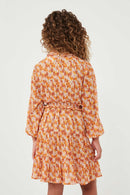 GY6325 RUST Girls Floral Print Smocked Detail Puff Sleeve Dress Back