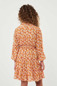 GY6325 RUST Girls Floral Print Smocked Detail Puff Sleeve Dress Back