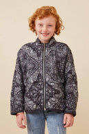GY6333 BLACK Girls Bandana Printed Quilted Padded Jacket Front