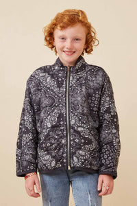 GY6333 BLACK Girls Bandana Printed Quilted Padded Jacket Front