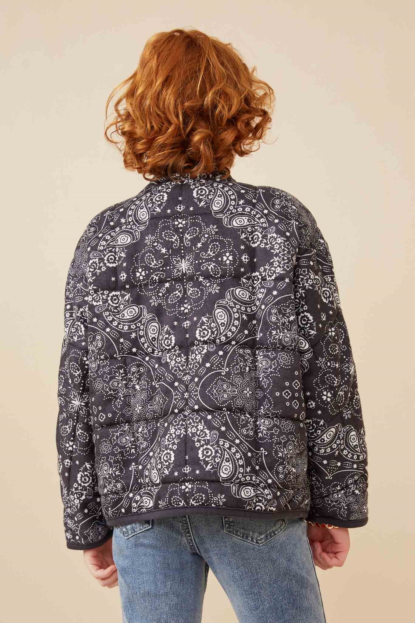 GY6333 BLACK Girls Bandana Printed Quilted Padded Jacket Back