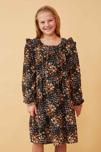 GY6338 Black Girls Floral Print Ruffle Shoulder Long Sleeve Dress Front