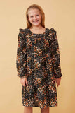 GY6338 Black Girls Floral Print Ruffle Shoulder Long Sleeve Dress Front