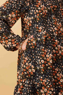 GY6338 Black Girls Floral Print Ruffle Shoulder Long Sleeve Dress Detail