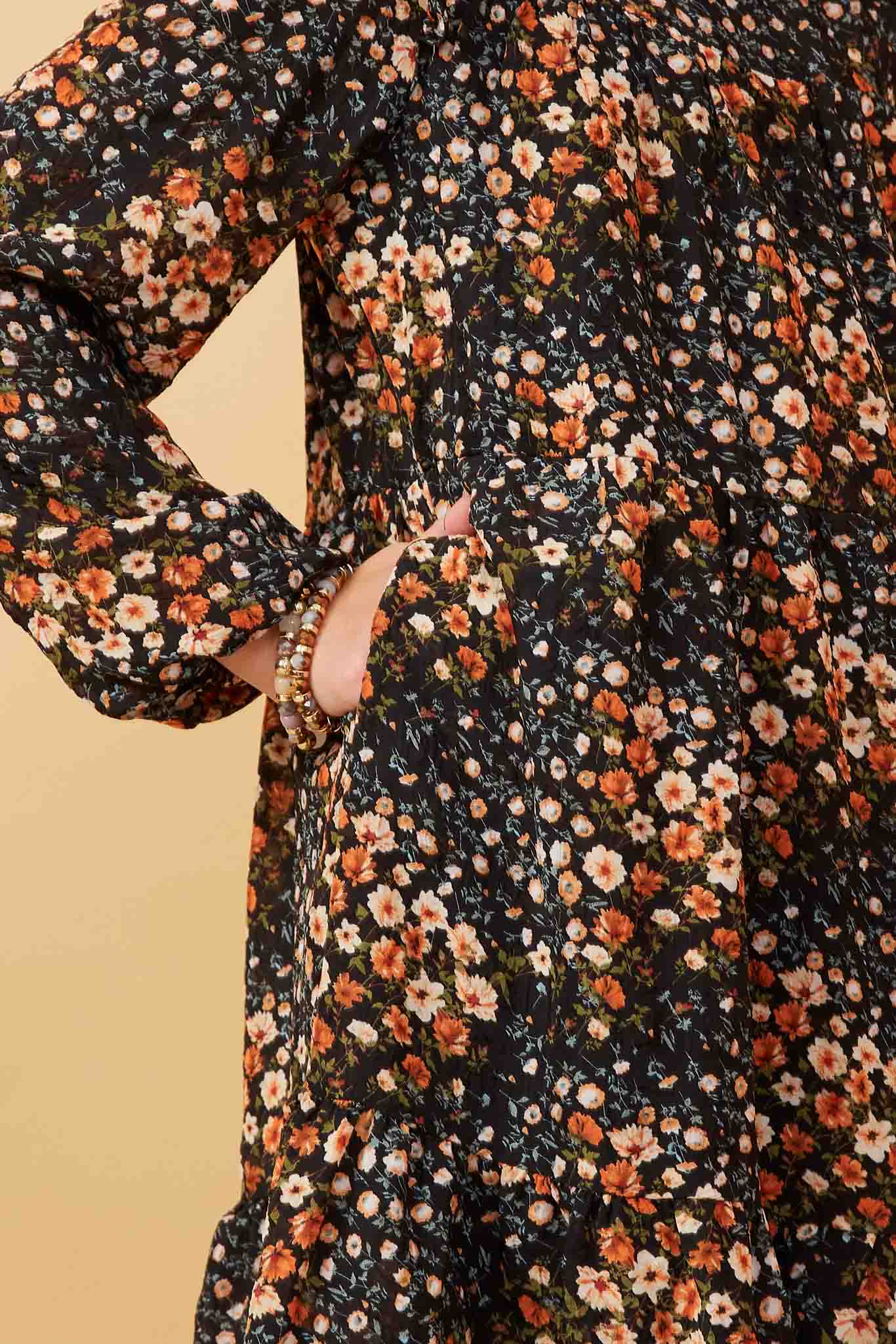 GY6338 Black Girls Floral Print Ruffle Shoulder Long Sleeve Dress Detail